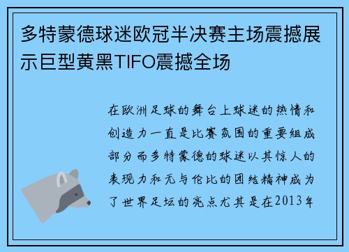 多特蒙德球迷欧冠半决赛主场震撼展示巨型黄黑TIFO震撼全场