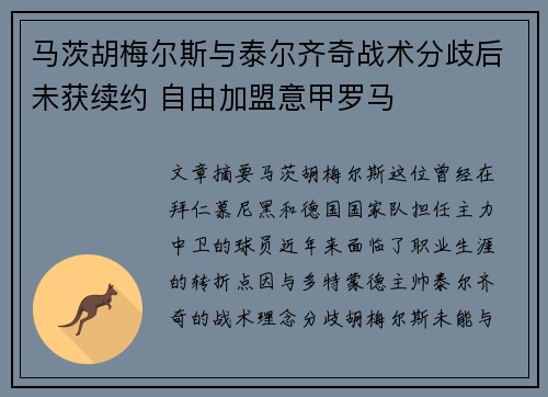 马茨胡梅尔斯与泰尔齐奇战术分歧后未获续约 自由加盟意甲罗马